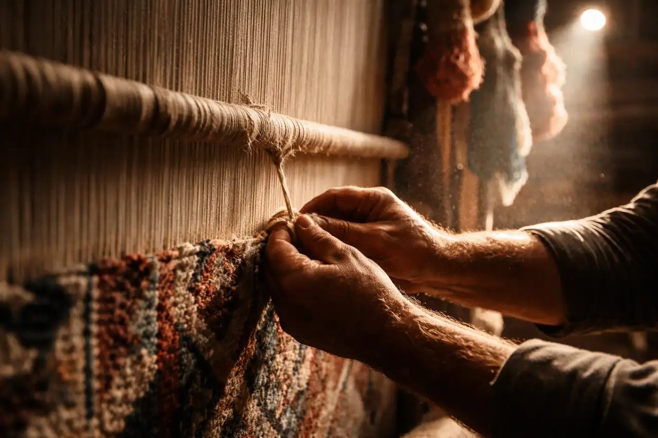 Cinematic Aufnahme einer Teppichknüpferei
