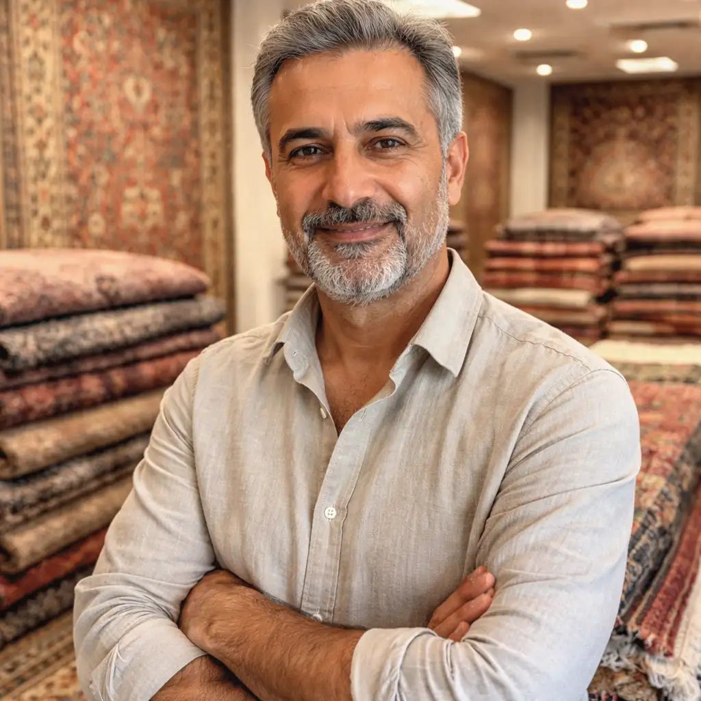 Porträtfoto von Jafar Hassanzadeh im Teppichgeschäft