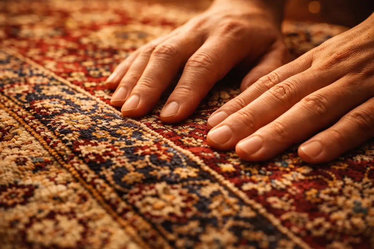 Nahaufnahme von Händen die einen hochwertigen Seidenteppich berühren
