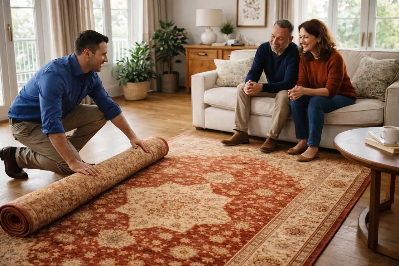 Mitarbeiter rollt Teppich im Wohnzimmer eines Kunden aus